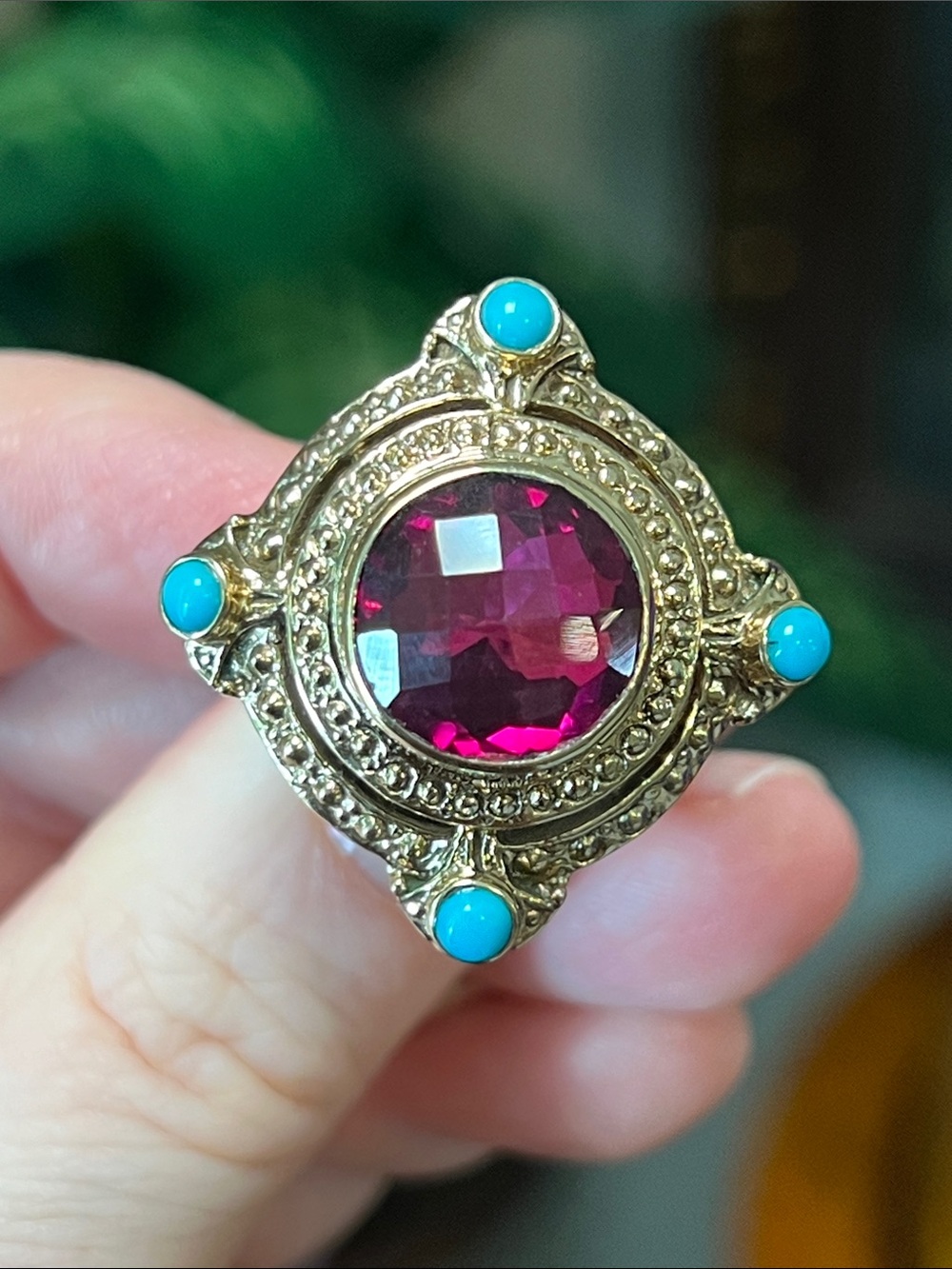 Nicky Butler Etruscan Style Raspberry Quartz Turquoise Gemstone Bronze Ring